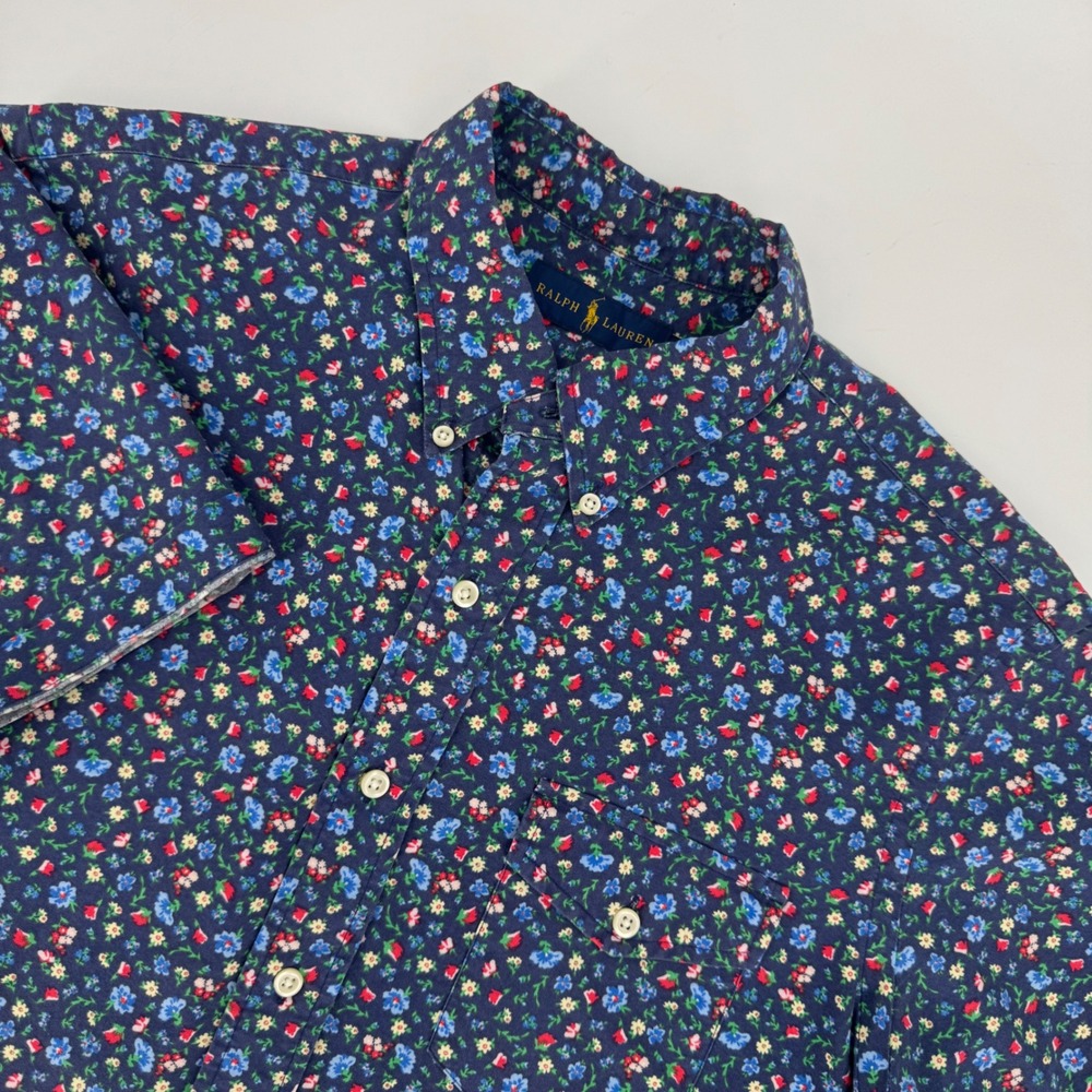 Ralph Lauren Mens Large Navy Blue Floral Short Sleeve Button Down Shirt